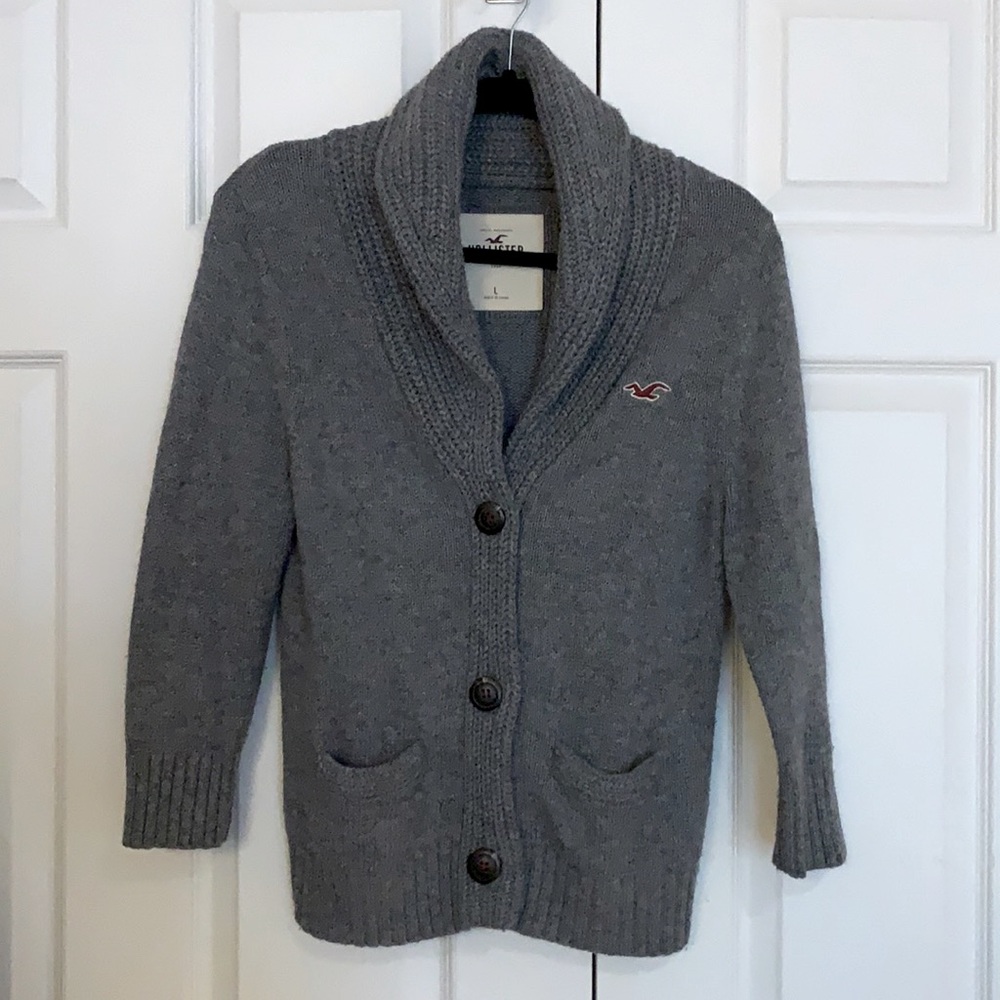 Grey Hollister 3/4 sleeve button up sweater Size L